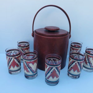 Vintage, Cocktail Set, Rare, Libbey, Southwestern Glasses with Brown, Vinyl, Kraftware Ice Bucket, Eight  Piece Set, 7 Tumblers, Ice Bucket
