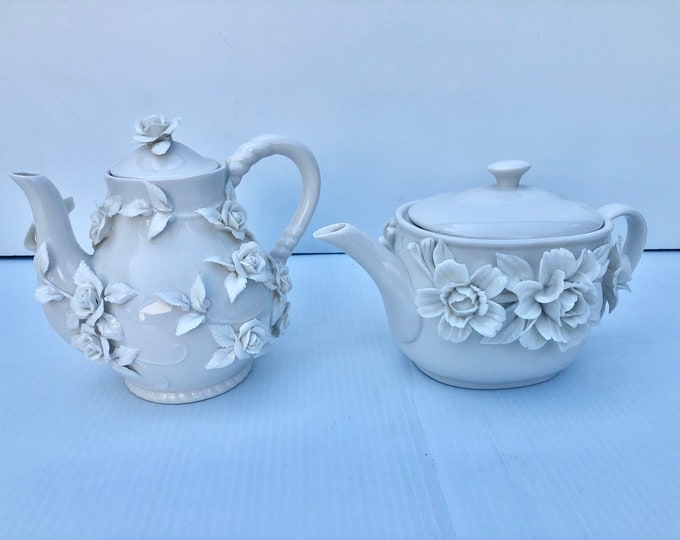 Vintage I Godinger & Co, Creamy White, Teapots With Applied Flowers, Set of Two, Antique