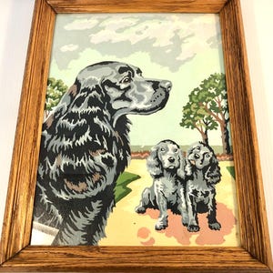 Vintage &quot;Paint by Numbers&quot; Dog Art, Cocker Spaniel Dog with Puppies Painting, Behind Glass with Wooden Frame, MCM Wall Decor,  Dog Art/Gift