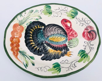 Vintage, Large Turkey Serving Platter, White Porcelain Platter with Colorful, Embossed Turkey & Painted Vegetables, Thanksgiving Table