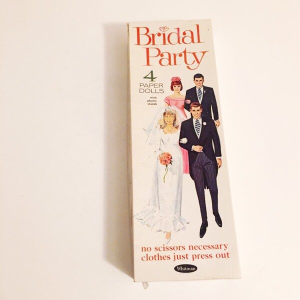 Vintage Bridal Party Paper Doll Set, Original Box, Whitman 1968 Heavy Cardboard Paper Dolls & Stands, Bride, Groom, Best Man, Maid of Honor