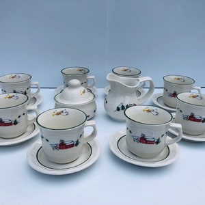 Vintage, Christmas Farm Mugs, Saucers, Creamer & Sugar, 18 Piece Set, Pfaltzgraff Snow Village Coffee/Tea Set, Christmas Entertaining/Gift