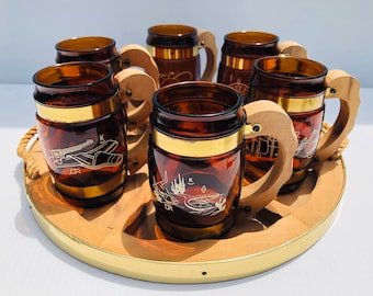 Vintage Siesta Ware Amber Mugs with Western Tray, MCM Bar Set