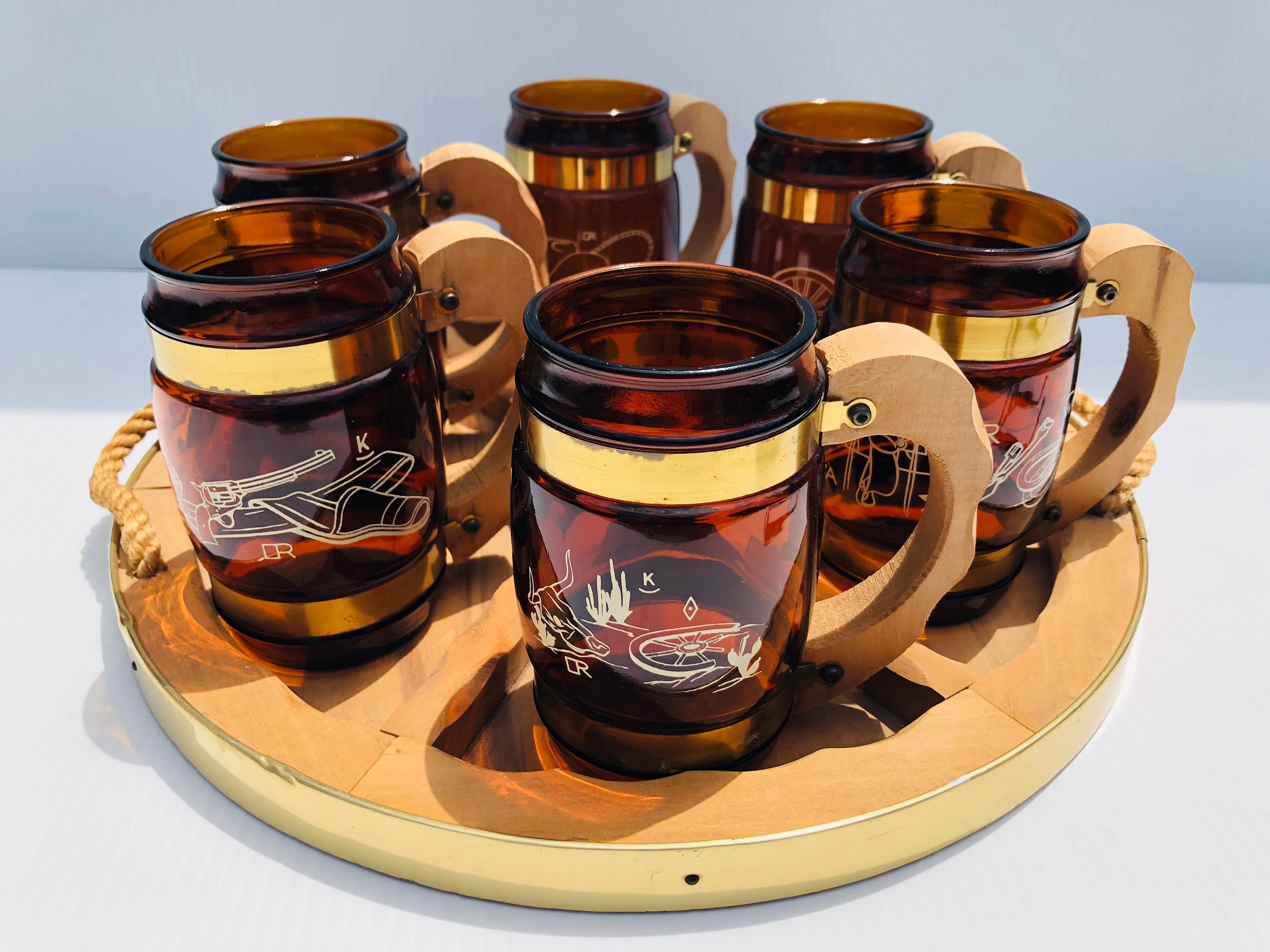 Vintage Siesta Ware Amber Mugs With Western Tray, MCM Bar Set - Etsy