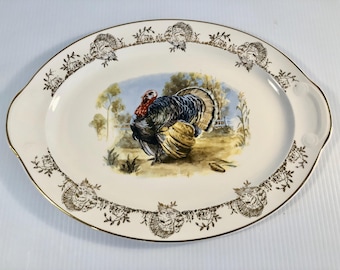 Vintage Turkey Platter, Rare White Turkey Platter with Gold Trim & Turkey Garland, Woodland Theme, Thanksgiving Decor/Table/Gift/Collectible