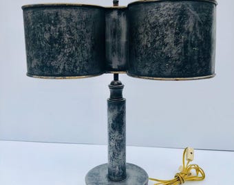 Vintage Industrial Table Lamp, Double Drum Shade, Distressed Metal