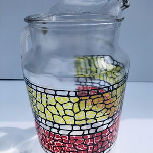 Vintage Heavy Glass Pitcher with Cobblestone Style Pattern in Black, Orange & Yellow, Funky Retro Beverage Pitcher, Bar Pitcher, MCM Pitcher