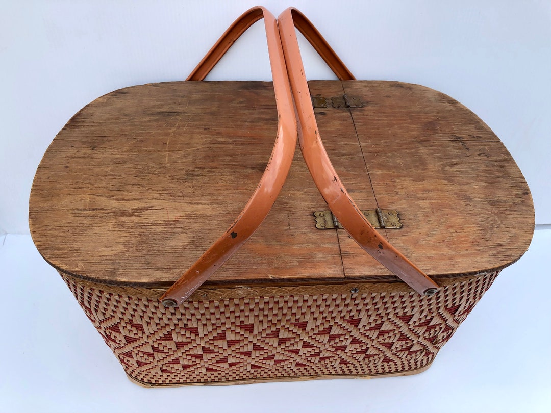 Vintage, Redmon, Peru, Ind., Picnic Basket, Brown Wicker, Diamond Weave
