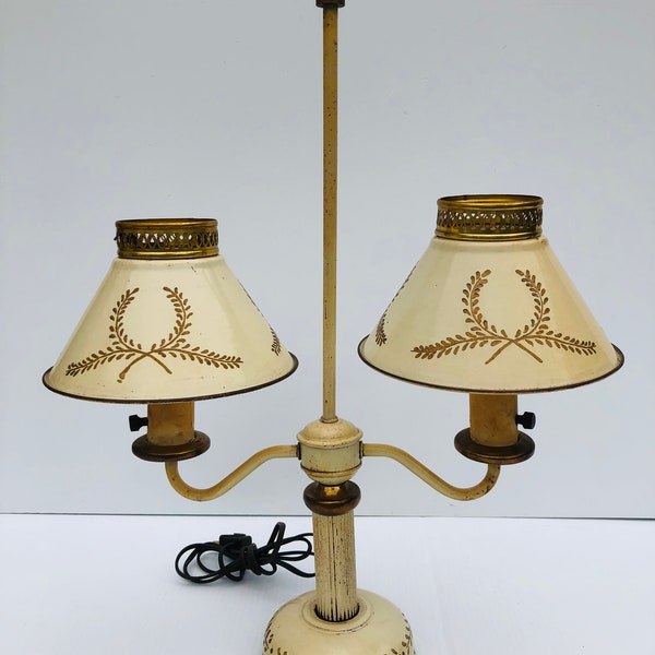 Vintage, French, Cream Color Metal Tole Double Shade Desk Lamp With Gold Laurel Leaf Trim