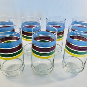 Vintage Striped Beverage Glasses, Set of 7 Marked Crisa Glass Tall Tumblers, Classic Color Band Drinking Glasses, Cocktail/Lemonade/Ice Tea