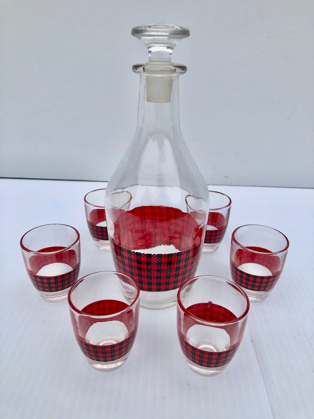 Vintage Bar Decanter Set Rare Red & Black Plaid Houndstooth 7 Etsy