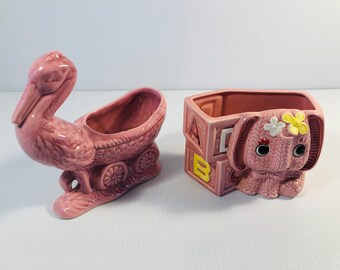 Vintage Pink Baby Planters, Elephant & Stork, Nancy Pew Japan, RRP Co. Roseville