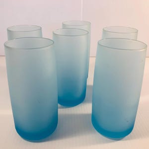 Vintage Frosted Blue Glass Tumblers, Set of 6, Large Ice Blue Beverage Glasses, Retro Drink Set, Ice Tea/Lemonade/Cocktail/Water Glasses/MCM