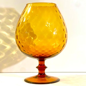 Vintage 1960s Optic Amber Glass Vase, Empoli Style, Large Snifter Shape Art Glass, Quilted Textured Cup, Disc Stem, Round Base