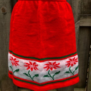 Vintage Apron, Red Sweater Christmas Apron, Knitted White Band with Poinsettias and Green Stripe Pattern, Superb Condition, Hostess Gift