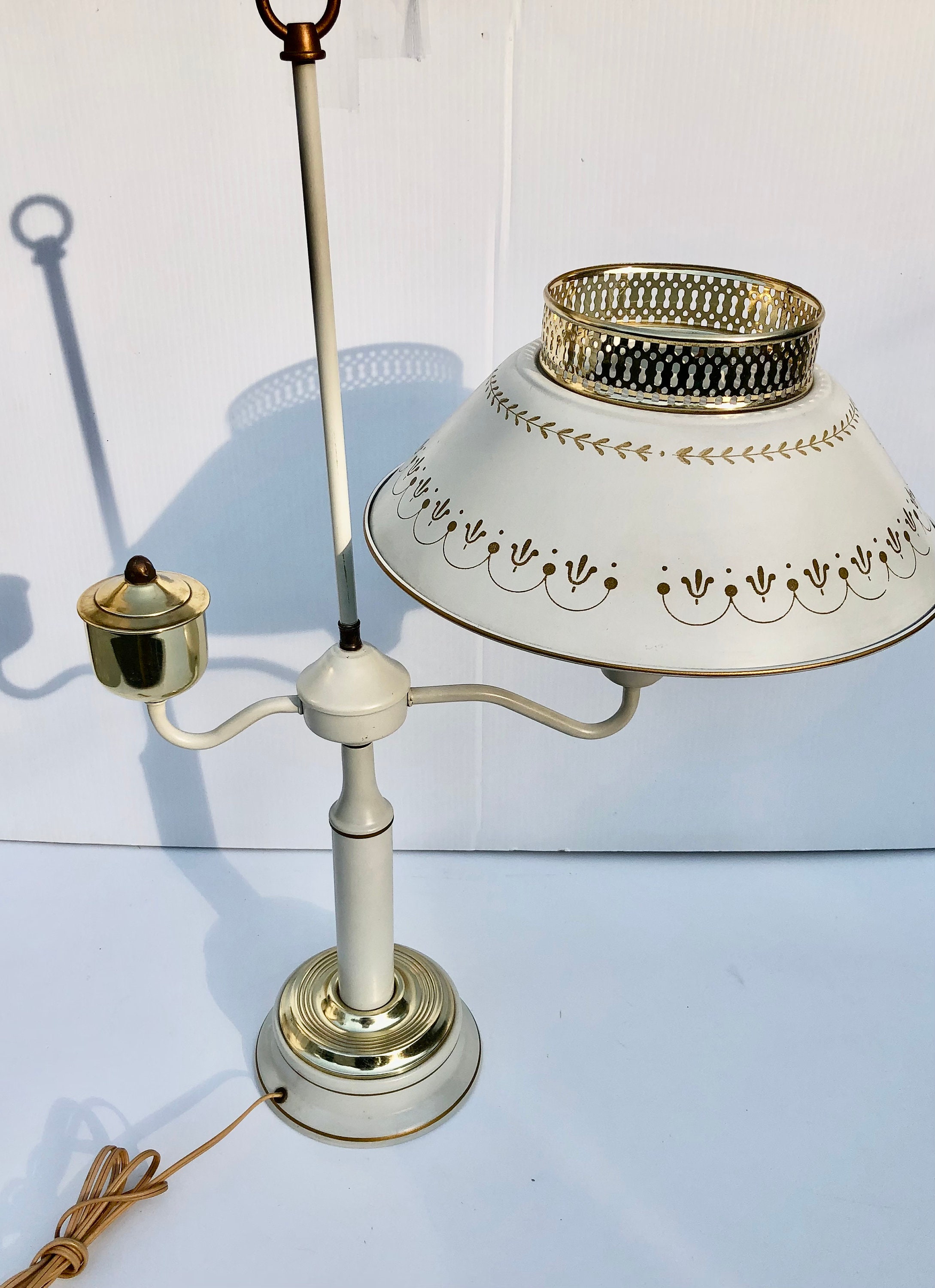 Vintage French Cream Color With Brass Trim Metal Tole Desk Lamp