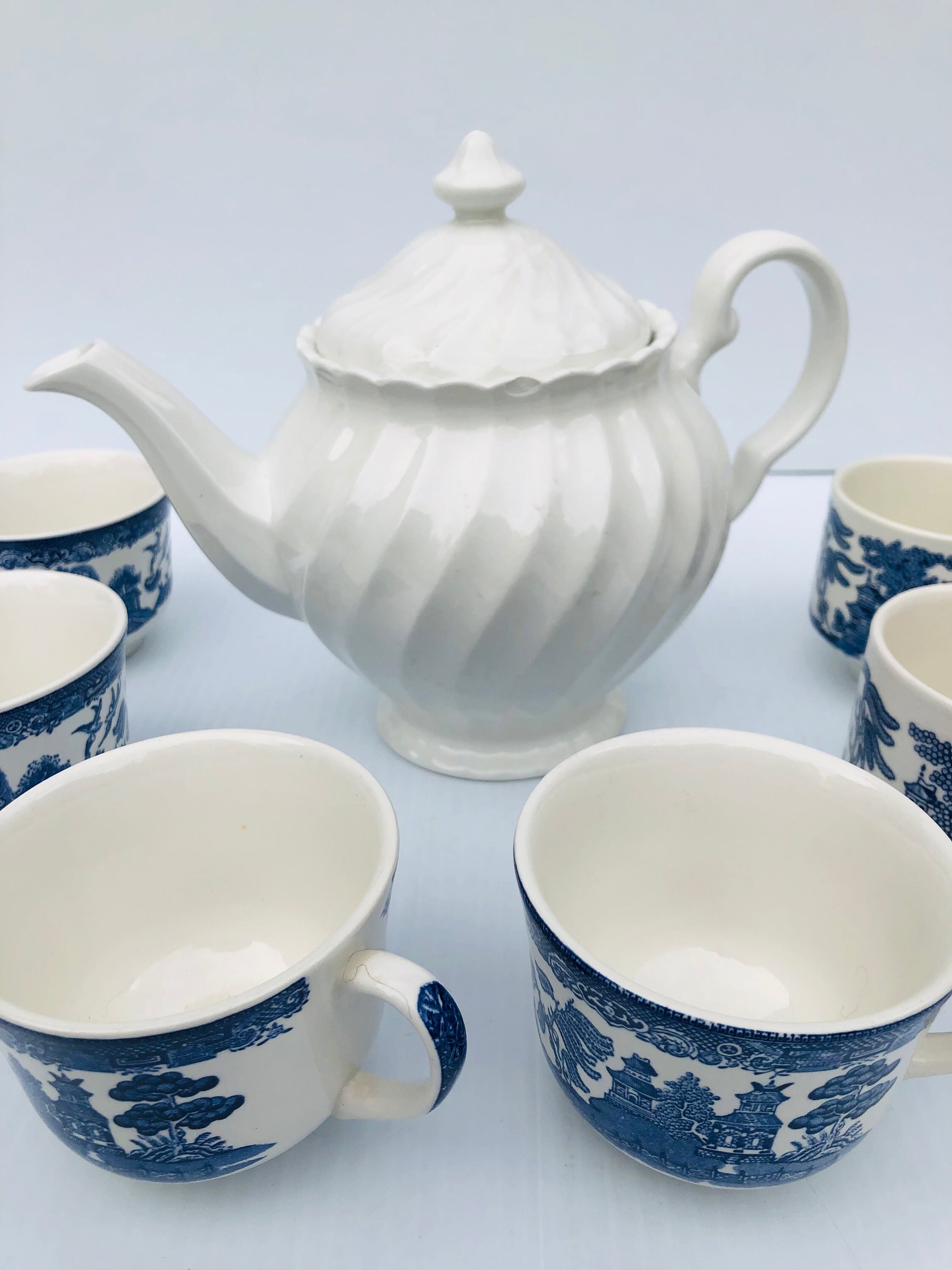 Vintage Johnson Bros. Ironstone Tea Set, White Swirl Teapot, Blue