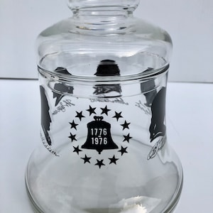 Vintage, Liberty Bell Cookie Jar, 1776-1976 Bicentennial, Founding Fathers Silhouette Graphics, Patriotic Glass Bell Jar, USA Cookie Jar