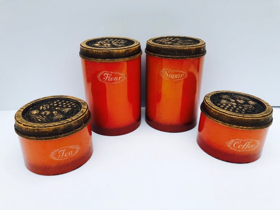 Vintage Orange Metal Canister Set of Four Burlington Canisters With  Plastic, Faux Wood, Embossed Fruit Lids, Flour, Sugar, Coffee, Tea -   Denmark