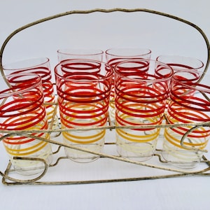 Vintage MCM Beverage Glasses in White Metal Caddy, 9 Piece Set, Vibrant Color Ring Pattern, Red, Orange, Yellow, White Stripes, Retro Drink