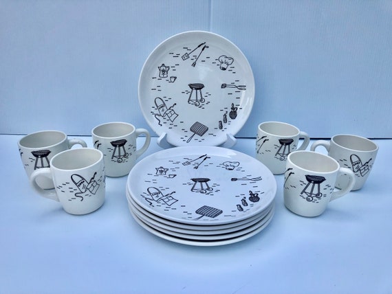 Vintage Dishes, Rare White Dishes With Barbecue Grilling Black Graphics,  Retro Cook Out Plates & Mugs Marked USA, 12 Piece Set, 6 Each, MCM 