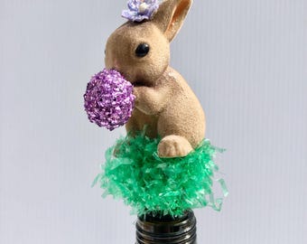 Vintage Up-Cycled Fuzzy Bunny Wine/Liquor Bottle Topper, Easter Bunny Bottle Stopper