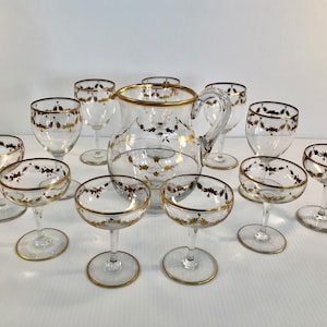 Antique/Vintage Formal Stemware Pitcher Set of 13, Wine/Coupe Glasses/Pitcher, Gold Floral Swag Garland Pattern/Gold Rims, Rare Crystal Set