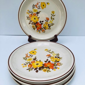 Vintage Yellow & Orange Floral Stoneware Plate Set of 7, Casual Elegance Hearthside Chablis Japan Plates, Microwave, Dishwasher Oven Safe