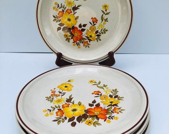 Vintage Hearthside Chablis Stoneware Plates, Yellow Floral, Set of 7