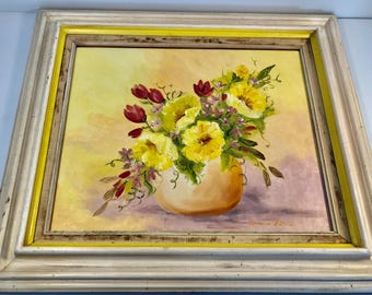 Vintage Floral Oil Painting, Signed Framed Canvas Art, Yellow Flowers
