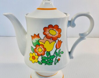 Vintage Porcelain Flower Power Teapot, Boho Floral Coffee Pot