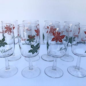 Vintage Style Christmas & New Year Glass Goblets, Clear with Red Poinsettia and Green Holly, Large, Tall, 8 Christmas Wine Glasses/Stemware