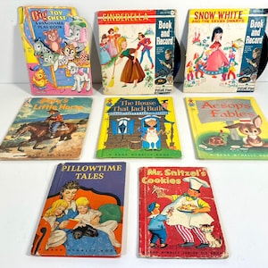 Vintage 1940er-1950er Jahre Kinderbücher, Rand McNally Elf Bücher, Schallplattenbuch-Sets, Saalfield Fold Out Book, separat erhältlich