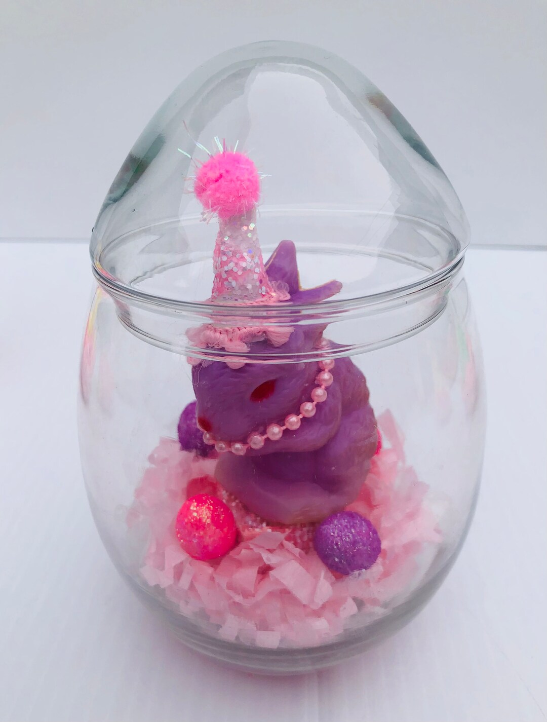 Vintage Glass Easter Egg Jar With Vintage Purple Party Bunny, Pink