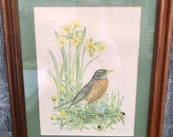 Vintage Framed Robin Watercolor Print, Floral Garden Art - Etsy