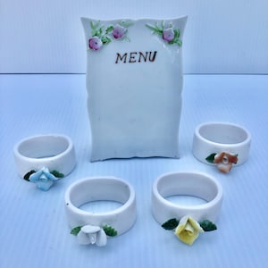 Vintage Ceramic Pink Floral Menu Stand with 4 Ceramic Napkin Rings with Applied Multi-Color Roses, Brunch Set, 5 Piece Shabby Chic Table Set