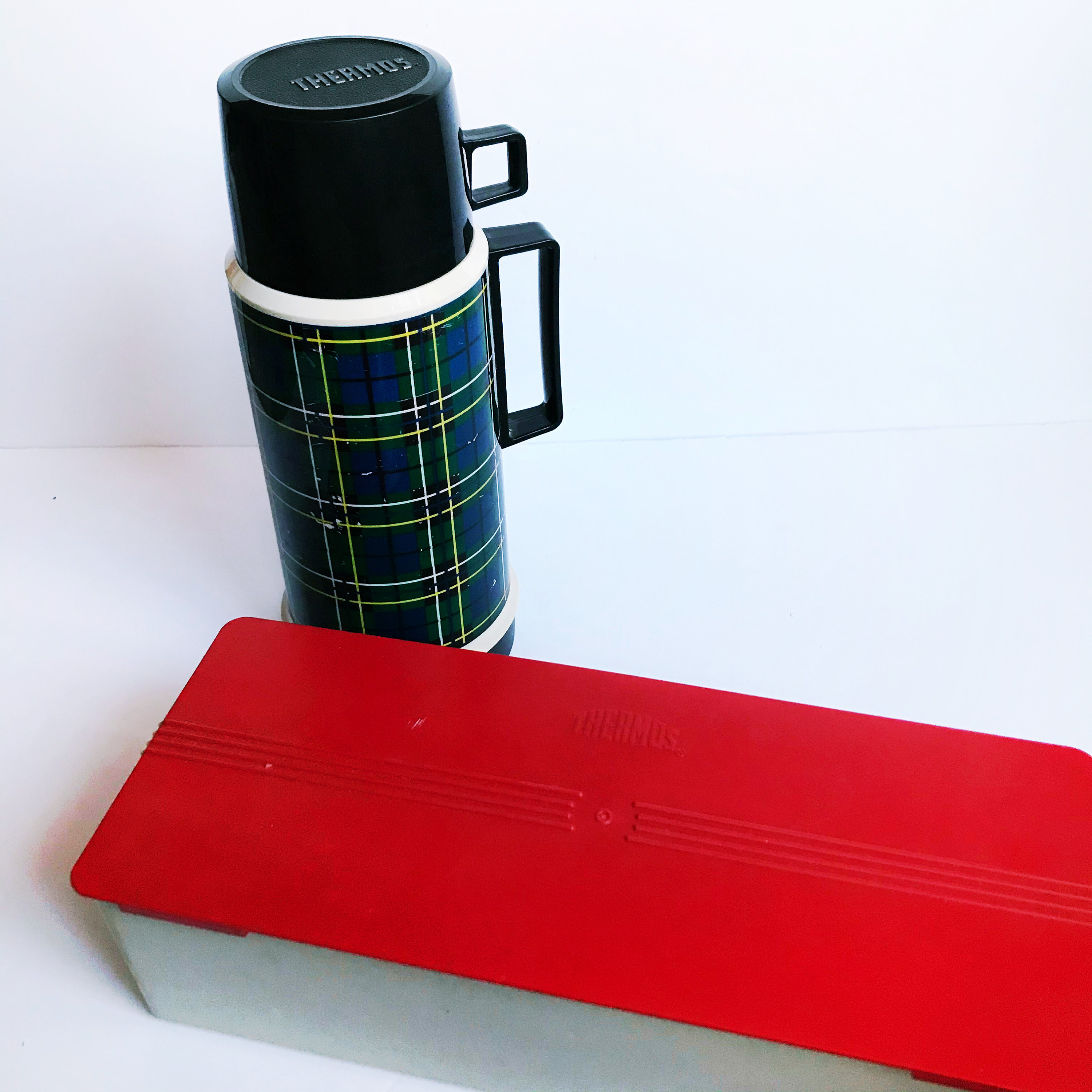 Vintage Navy Blue and Green Plaid Thermos 