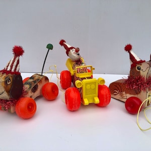 Vintage Fisher Price Pull Toys, Vintage Circus Theme/ Party/Decor, Fisher Price Seal, Little Snoopy, Clown in Jalopy, Upcycled Collectibles