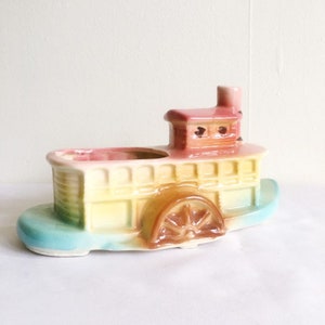 Vintage Riverboat Pottery Planter, Pastel Color Tugboat Holder, Nursery Room Decor, Paddlewheel Boat, USA Pottery, Baby Shower, Baby Gift