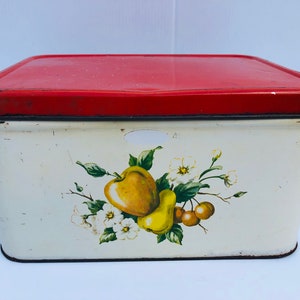 Vintage Decoware Metal Bread Box with Fruit Graphics, Adorable Red & White Tin Bread Box, MCM Bread Box, Vintage Kitchen, Fruit Theme, Retro
