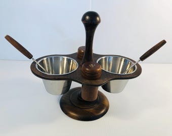Vintage Margaret Studios Lazy Susan, Condiment Caddy aus Holz mit Metallbechern