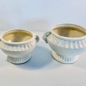 May include: Two white ceramic urn-shaped planters with handles. The planters have a scalloped design around the body and sit on a pedestal base. The interior of the planters is a light beige colour.