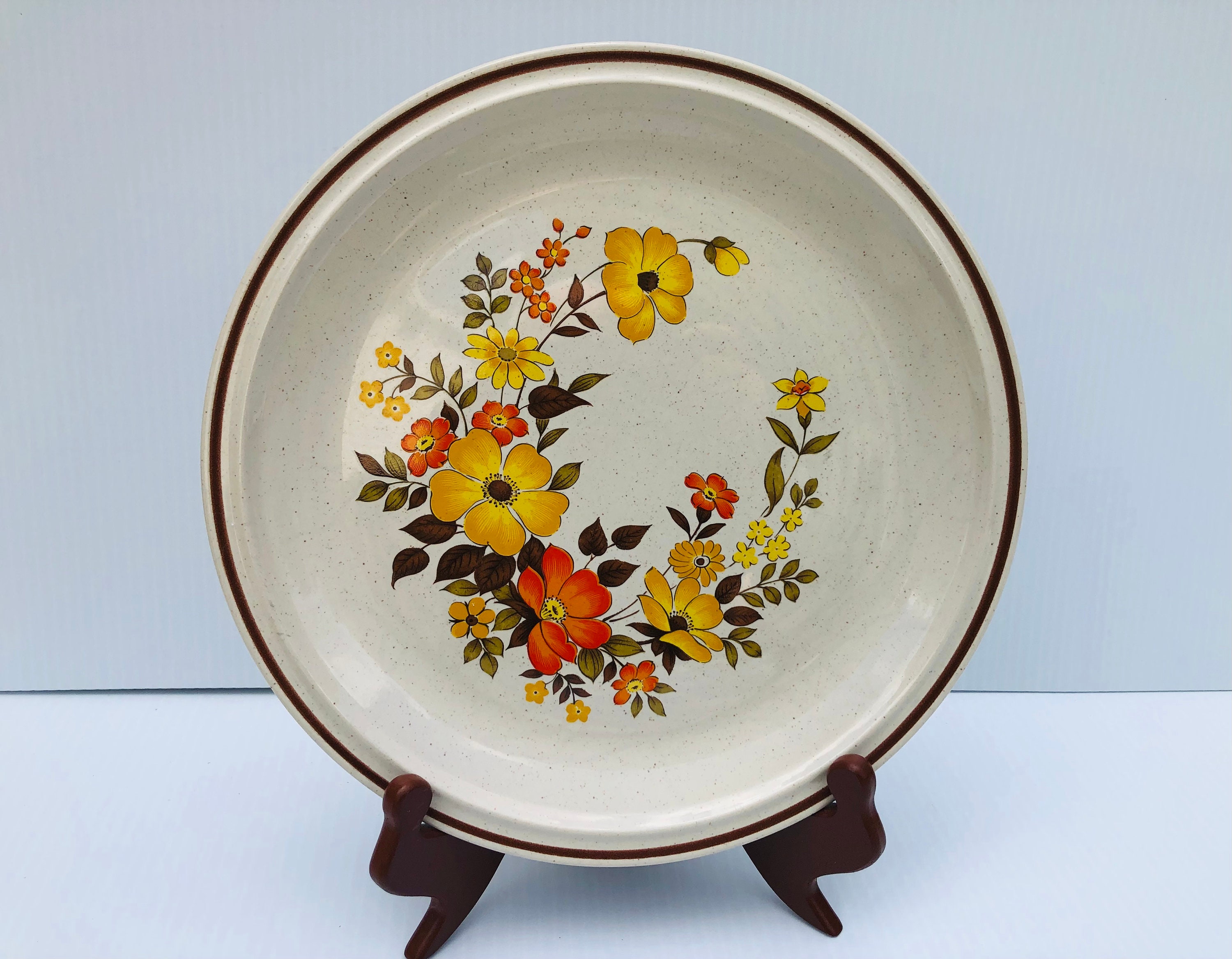 Vintage Yellow & Orange Floral Stoneware Plate Set of 7, Casual