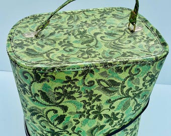 Vintage Green Floral Tapestry Tall Hat Box, Wig Travel Case with Handle & Working Zipper