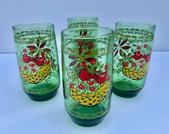 Vintage grün getönte Weihnachtsgläser, Blumenkorb-Design, 4er Set