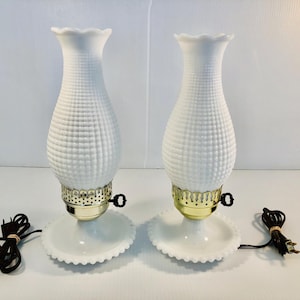 Vintage Matching Milk Glass Hurricane Lamps with Key Turn Switches, Hobnail/Corncob Style Pattern, MCM Glass Table Lamps, Electric Lamps