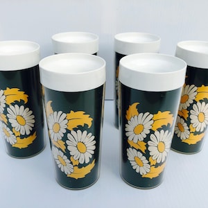 Vintage West Bend, Thermo-Serv, Rare Daisy, Beverage Set, 12 Piece Retro Green Insulated Plastic Tumblers & Mugs