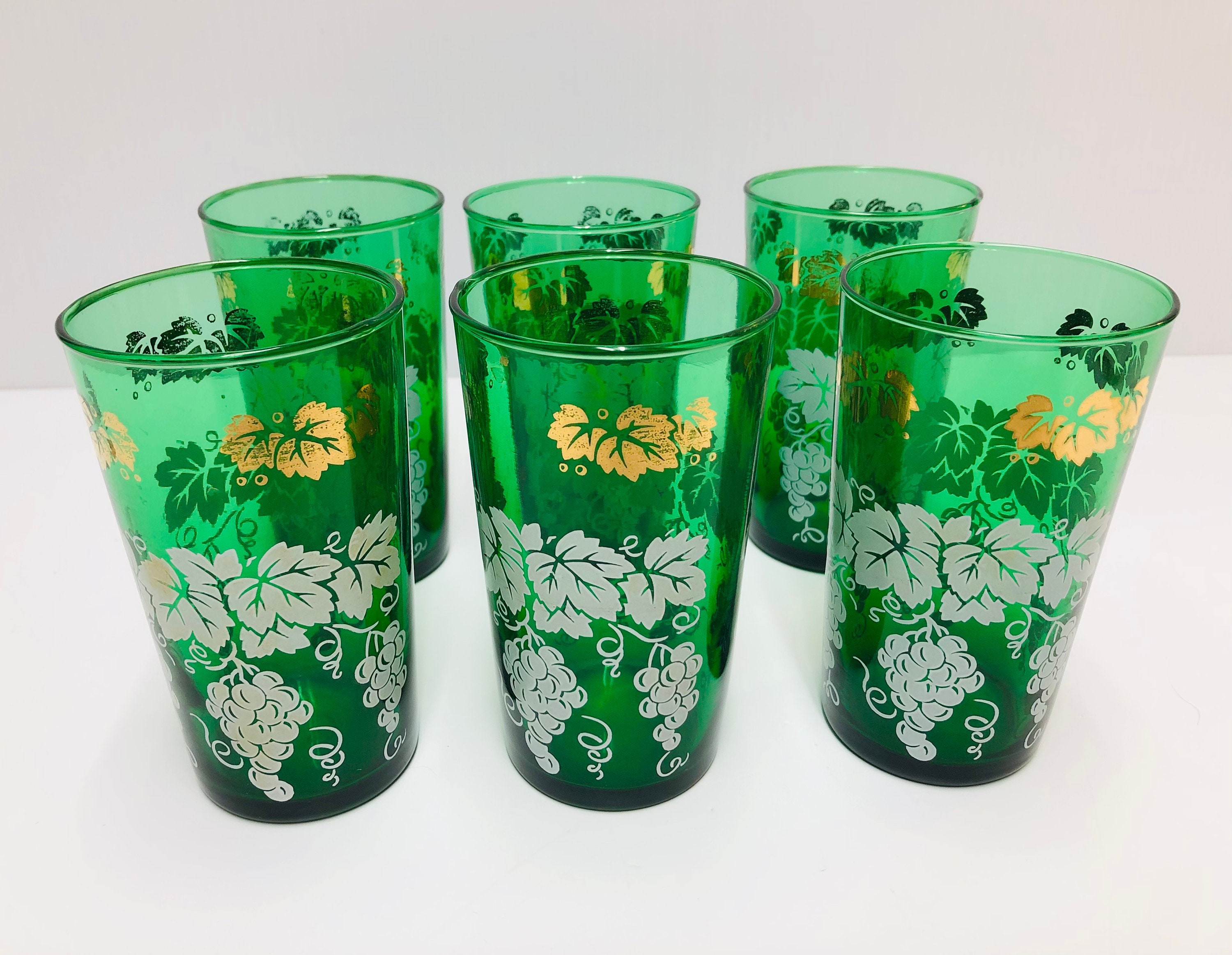 Green Glasses Tumblers White Fern Leaves Vintage Set Of 4