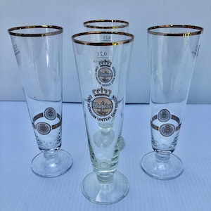 Vintage Warsteiner German Beer Pilsner Glasses, Set of 4 Stylish Advertising Beer Glasses with Gold Band Rims, Home Bar, Bar Cart, Bar Gift