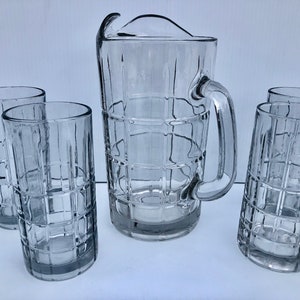 Vintage, Anchor Hocking, Large, Clear Manchester Glasses & Pitcher Set with Tartan, Plaid/Grid Pattern, 11 Tall Glasses and a Pitcher